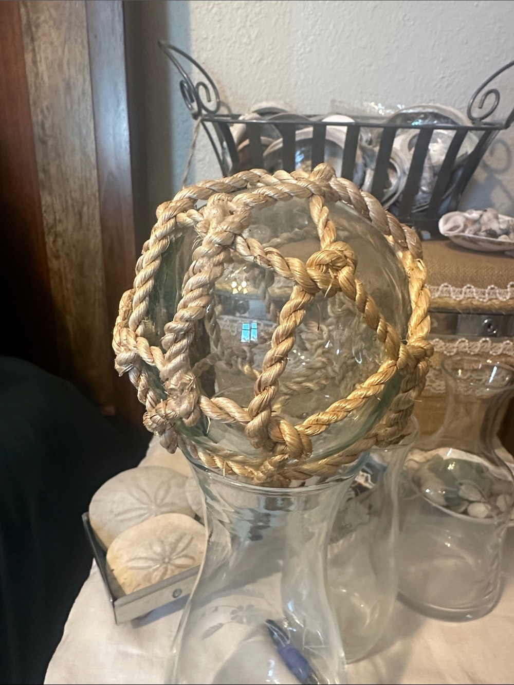 Hand Blown Glass Fishing Float Ball W/ Jute Rope Netting - Boho Coastal